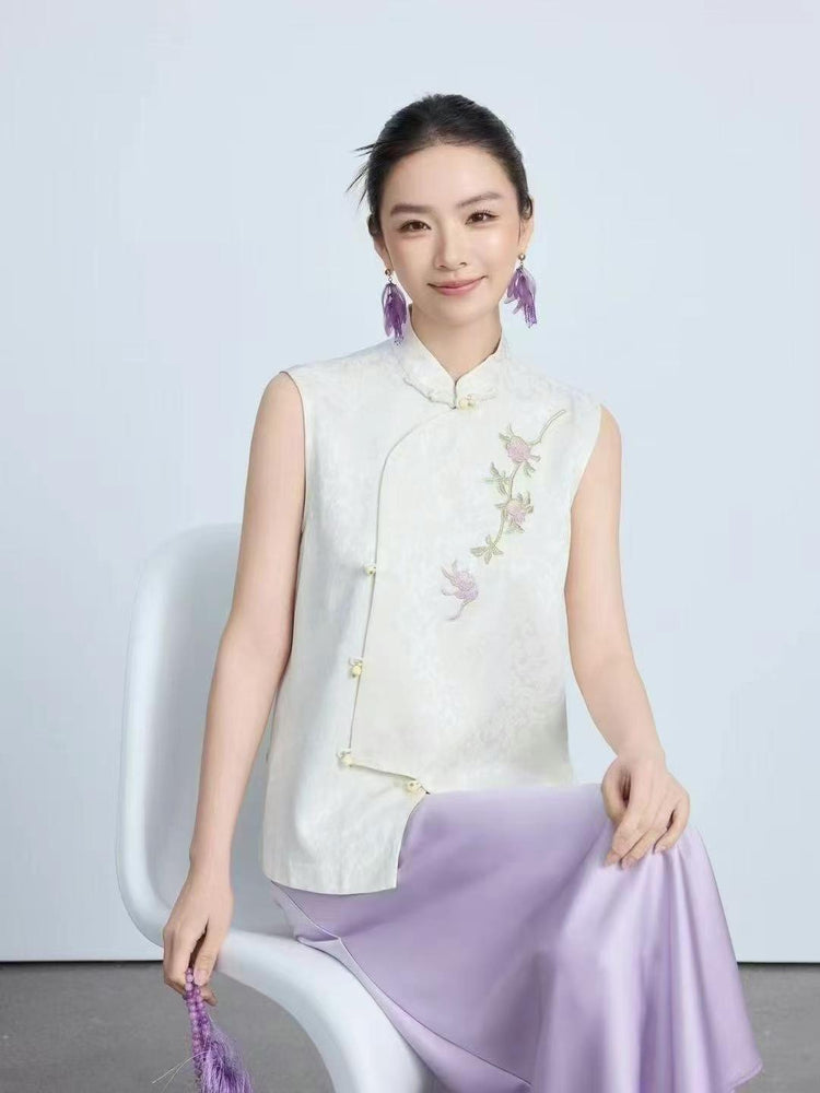 Embroidered Silk Mandarin Vest 真絲刺繡立領馬甲