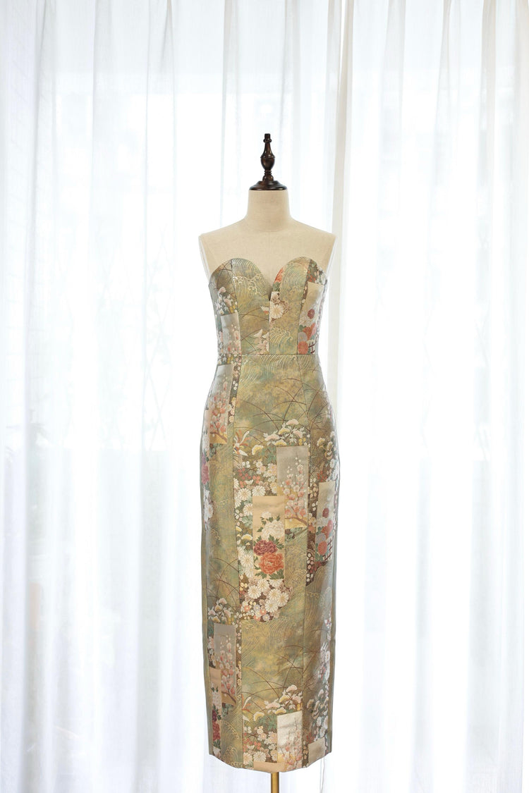 Gold-Green Nishijin Brocade Blooming Strapless Evening Gown (Exclusive piece) 金綠西陣織錦簇抹胸禮裙 (孤品)