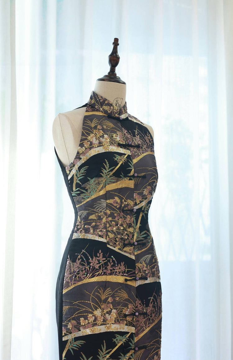 Dark Purple Patchwork Nishijin Brocade Vest Qipao (Exclusive Piece) 紫金繁花西陣織旗袍(孤品)