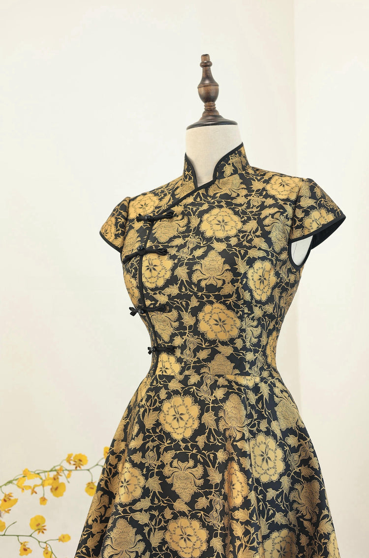 Black-Gold Brocade Modern Chinese Style Dress 黑金織錦緞新中式旗袍連衣裙