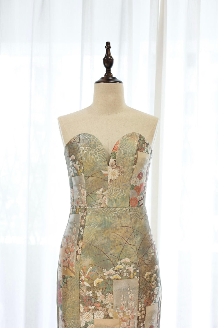 Gold-Green Nishijin Brocade Blooming Strapless Evening Gown (Exclusive piece) 金綠西陣織錦簇抹胸禮裙 (孤品)