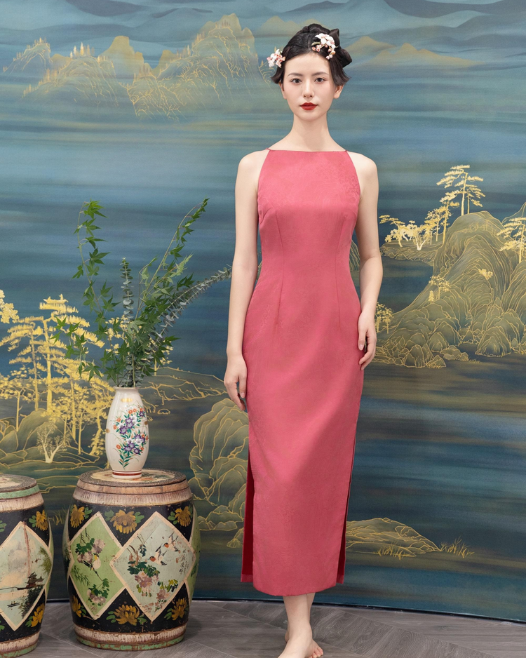 Peony Mist – Pink Silk Jacquard Dress 牡丹煙霞・粉紅真絲提花連衣裙