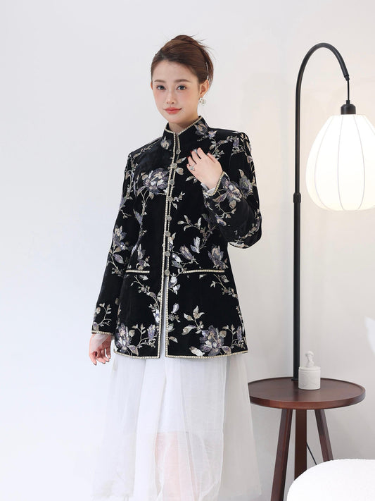Black Velvet French Embroidered Jacket 黑色天鹅绒法式刺绣夹克