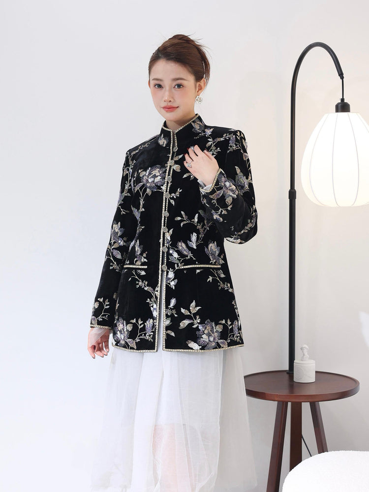 Black Velvet French Embroidered Jacket 黑色天鹅绒法式刺绣夹克