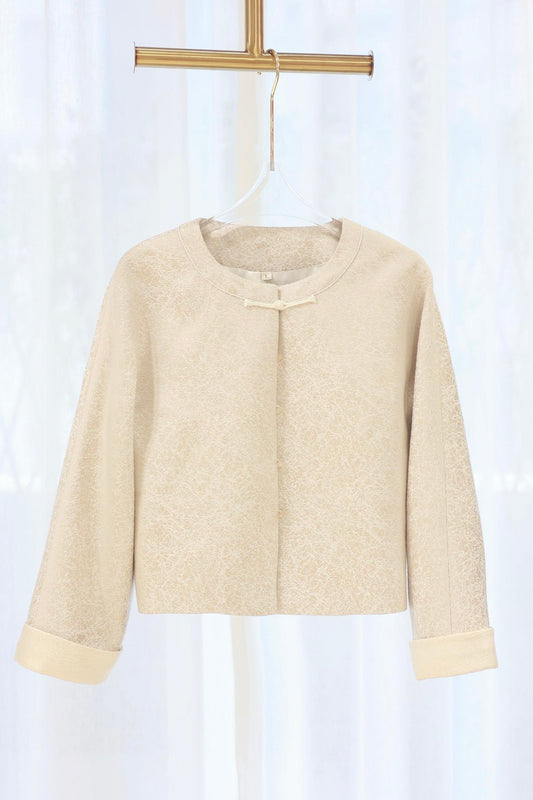 Cream Jacquard Satin Turn-Up Sleeve Jacket 奶白提花緞面翻袖外套