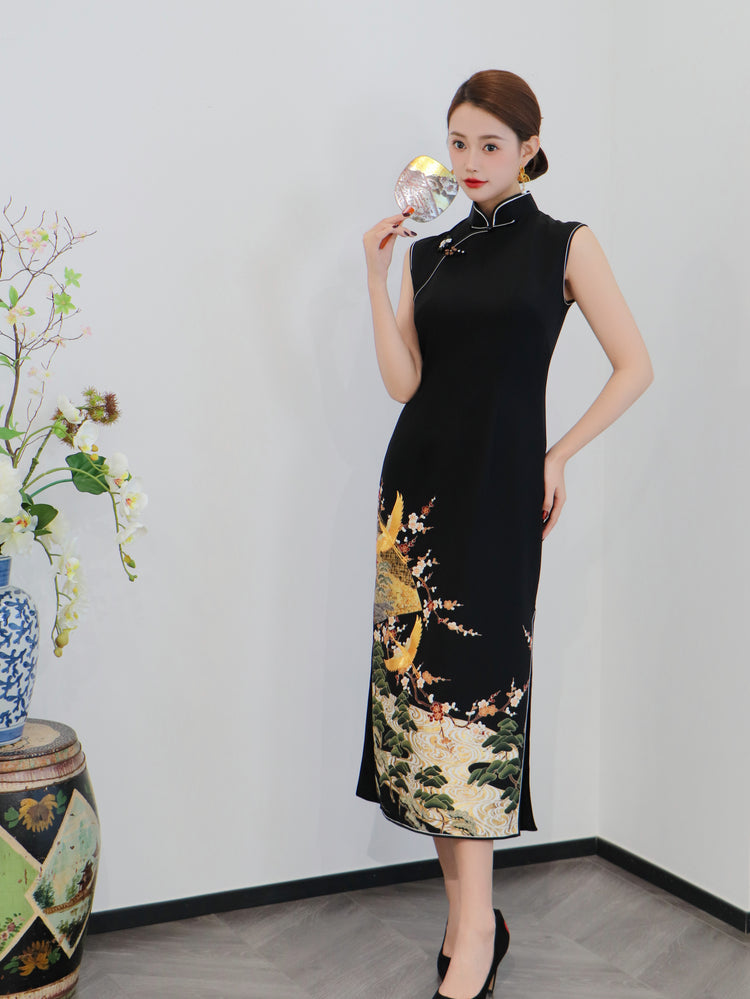 Cranes in Shadow Black & Gold Silk Qipao (Exclusive Piece) 鶴影·黑金正絹旗袍(孤品)