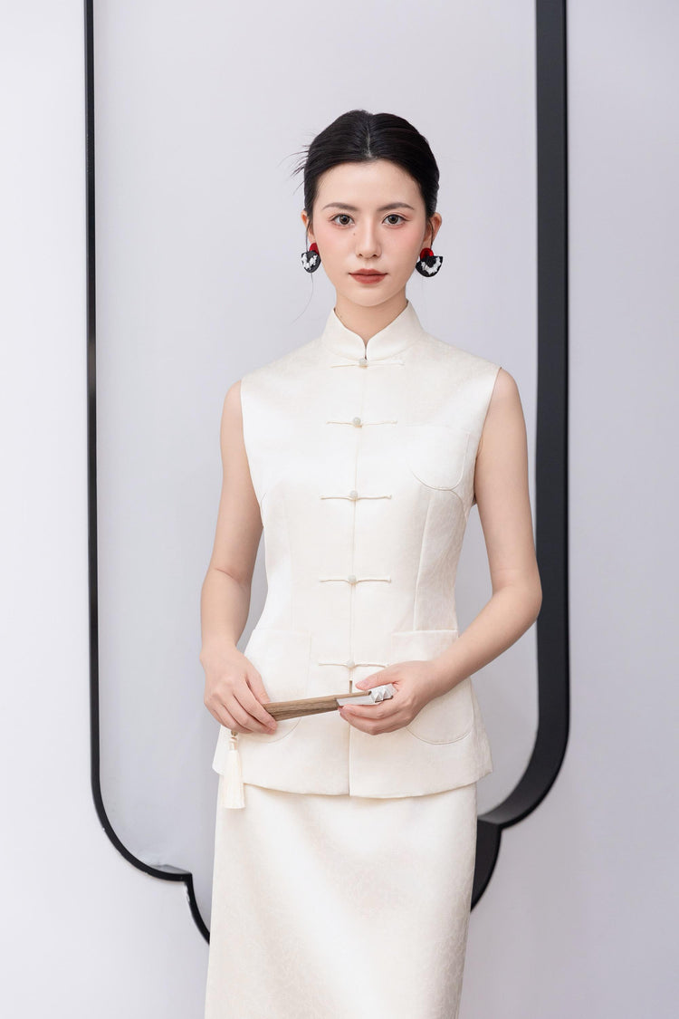 Ivory Silk Jacquard Vest Set 象牙白真絲提花馬甲套裝