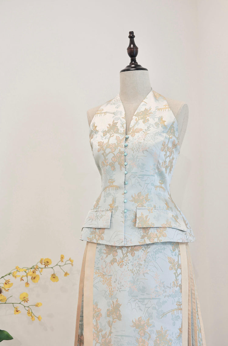 Gold-Blue Silk Jacquard Halter Vest 金藍真絲提花掛脖馬甲