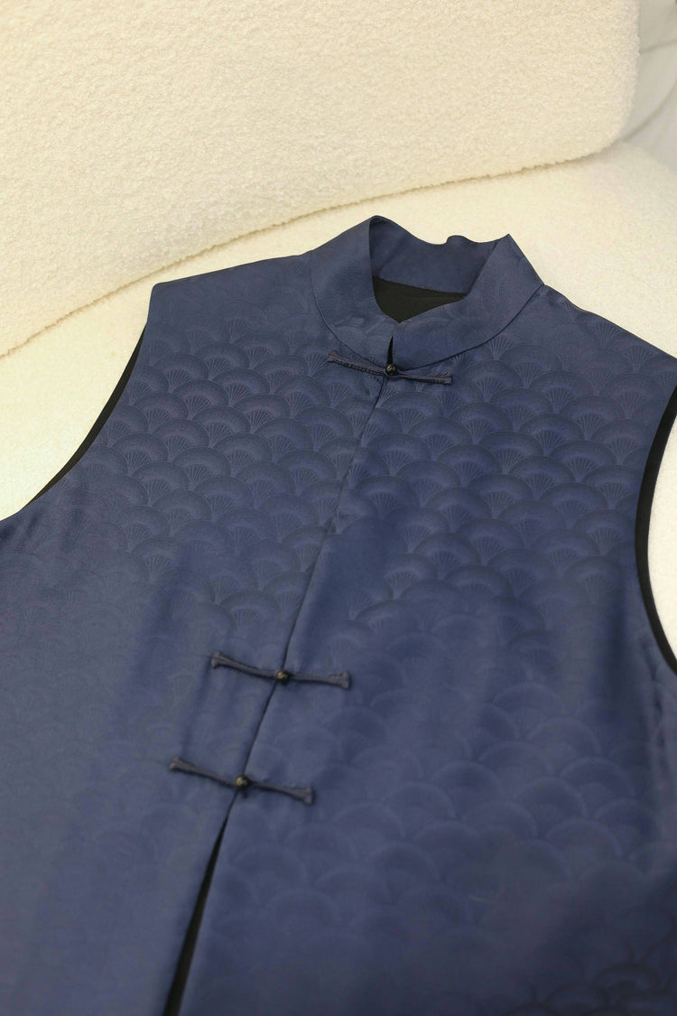 Dark Blue Cloud Fan Brocade Vest 深藍雲扇紋提花馬甲