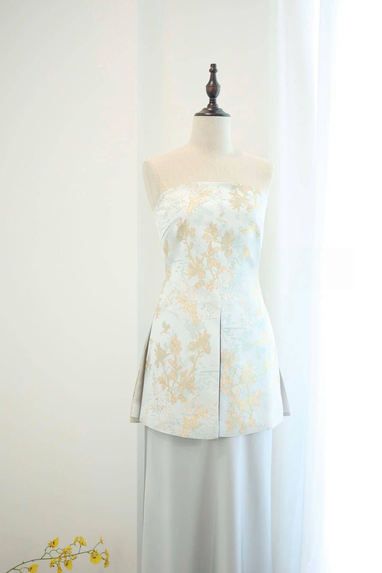 Strapless Silk Jacquard Top in Silver Blue 銀藍真絲提花抹胸上衣