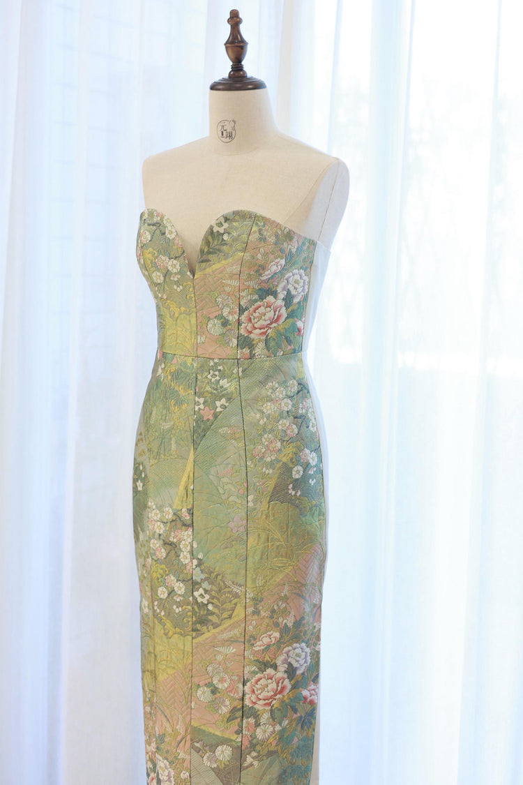 Gold-Green Nishijin Brocade Strapless Evening Gown (Exclusive Piece) 金綠西陣織抹胸禮裙 (孤品)
