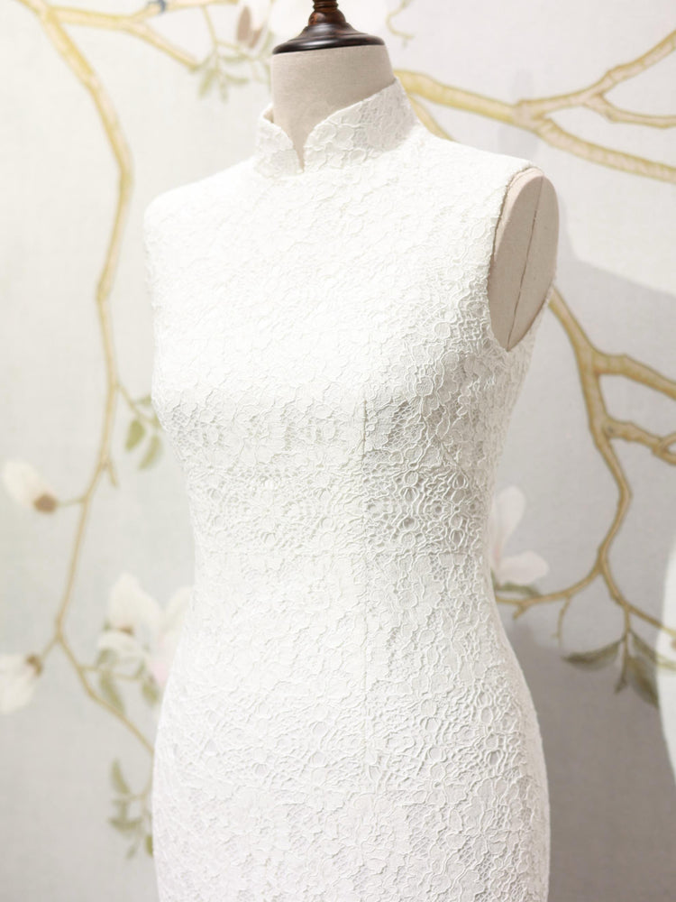 White Lace Heart Cutout Qipao Set 白色蕾絲心形鏤空旗袍套裝