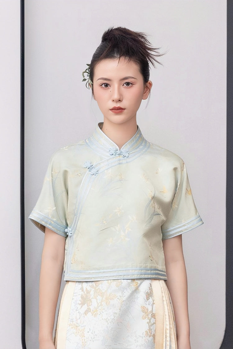 Turquoise Song Brocade Short-Sleeve Full-Opening Shirt 藍綠色宋錦全開襟短袖