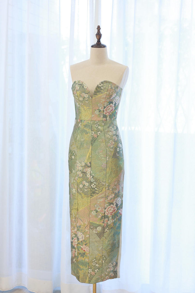 Gold-Green Nishijin Brocade Strapless Evening Gown (Exclusive Piece) 金綠西陣織抹胸禮裙 (孤品)