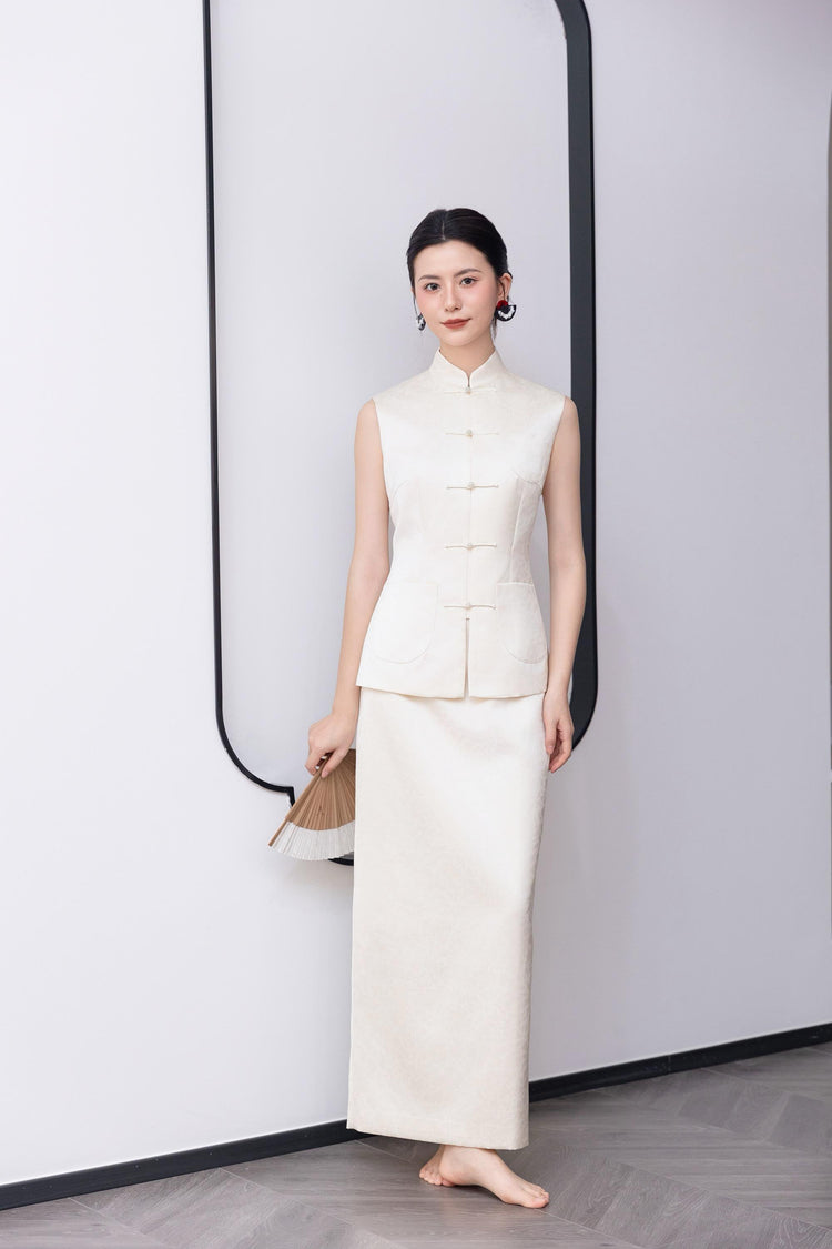 Ivory Silk Jacquard Vest Set 象牙白真絲提花馬甲套裝