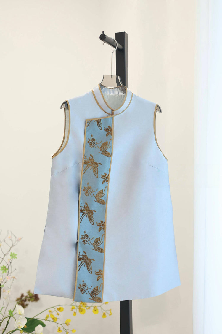Smoky Blue Golden Butterfly Crepe Vest 煙藍重䋓漳絨馬甲