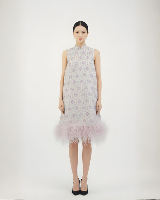 Pink Song Brocade & Ostrich Feather New Chinese Dress 粉色宋錦鴕鳥毛新中式連衣裙