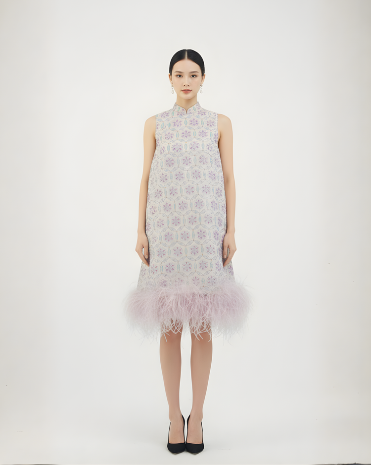 Pink Song Brocade & Ostrich Feather New Chinese Dress 粉色宋錦鴕鳥毛新中式連衣裙