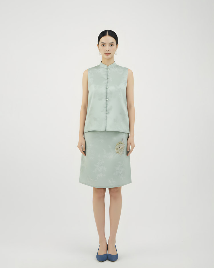 Mint Green Hand-Embroidered Sheer Sleeveless Set (Exclusive Piece) 薄荷綠手繡紗無袖套裝(孤品)