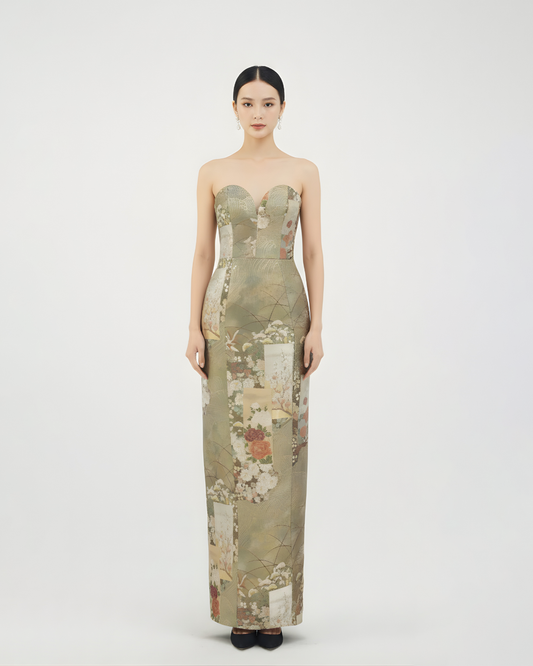 Gold-Green Nishijin Brocade Blooming Strapless Evening Gown (Exclusive piece) 金綠西陣織錦簇抹胸禮裙 (孤品)