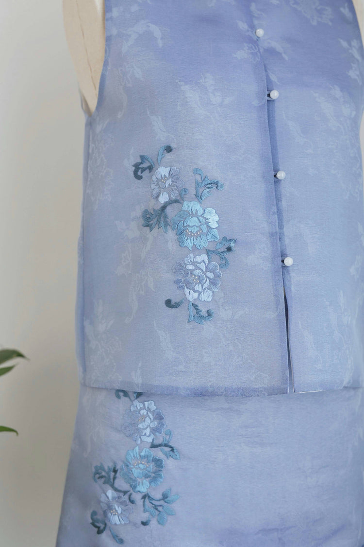 Starry Blue Hand-Embroidered Sheer Sleeveless Set (Exclusive Piece) 星藍手繡紗無袖套裝 (孤品)