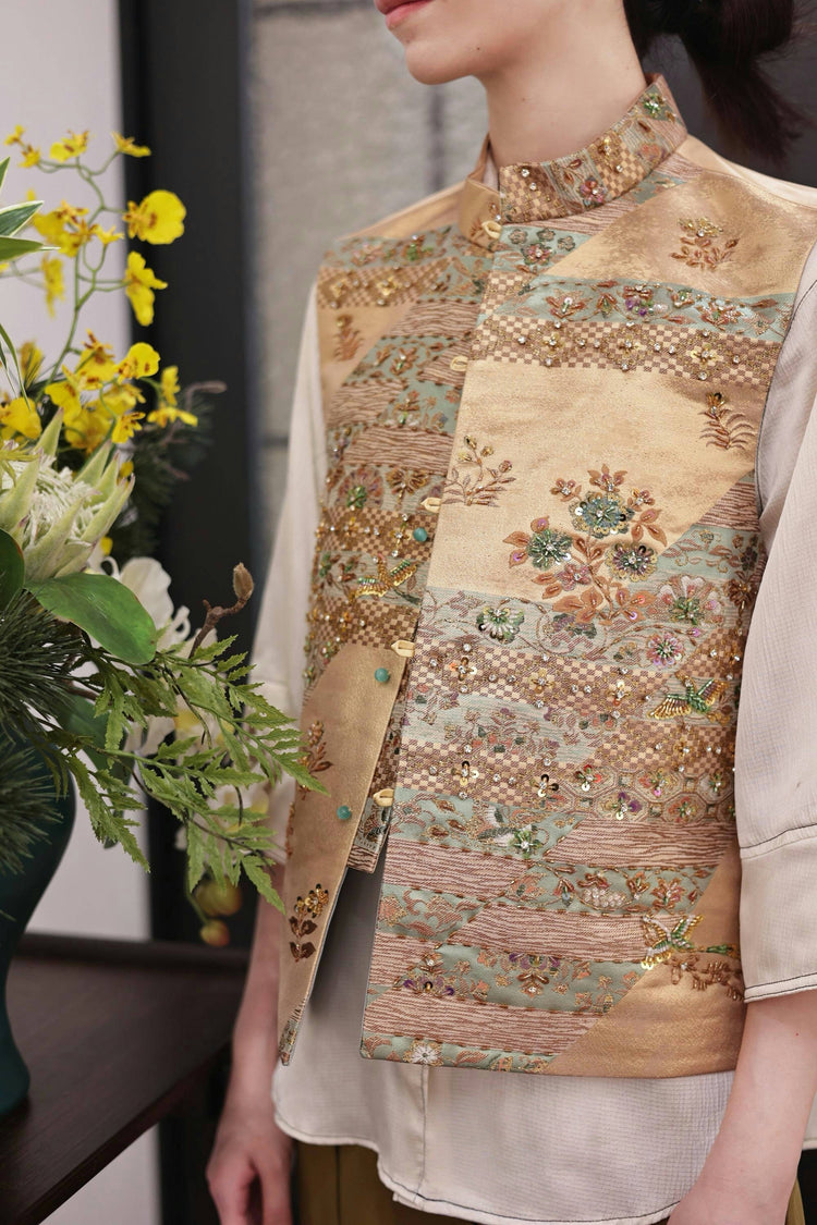 Gold-dusted French Embroidery Floral Nishijin Brocade Vest (Exclusive Piece) 金粉法繡繁花西陣織馬甲(孤品)