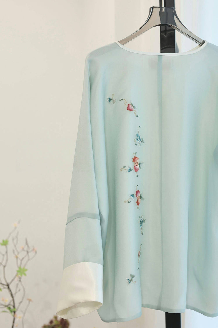 Pale Green Hand-Embroidered Sheer Blouse 淺綠手繡紗薄上衣