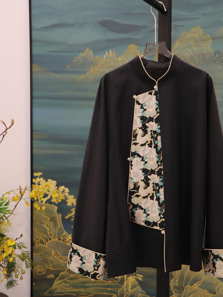 Men's Tang Jacket with Double Cocoon Silk and Song Brocade 雙宮絲拼接宋錦男士唐裝