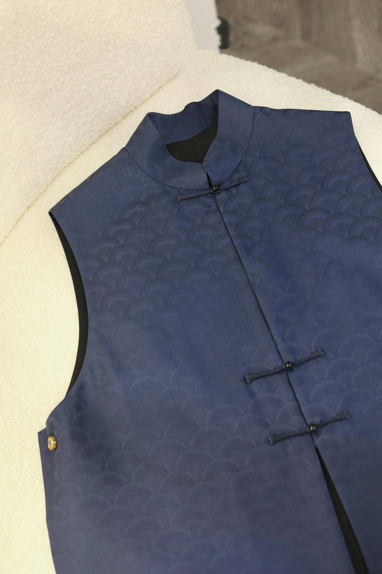 Dark Blue Cloud Fan Brocade Vest 深藍雲扇紋提花馬甲