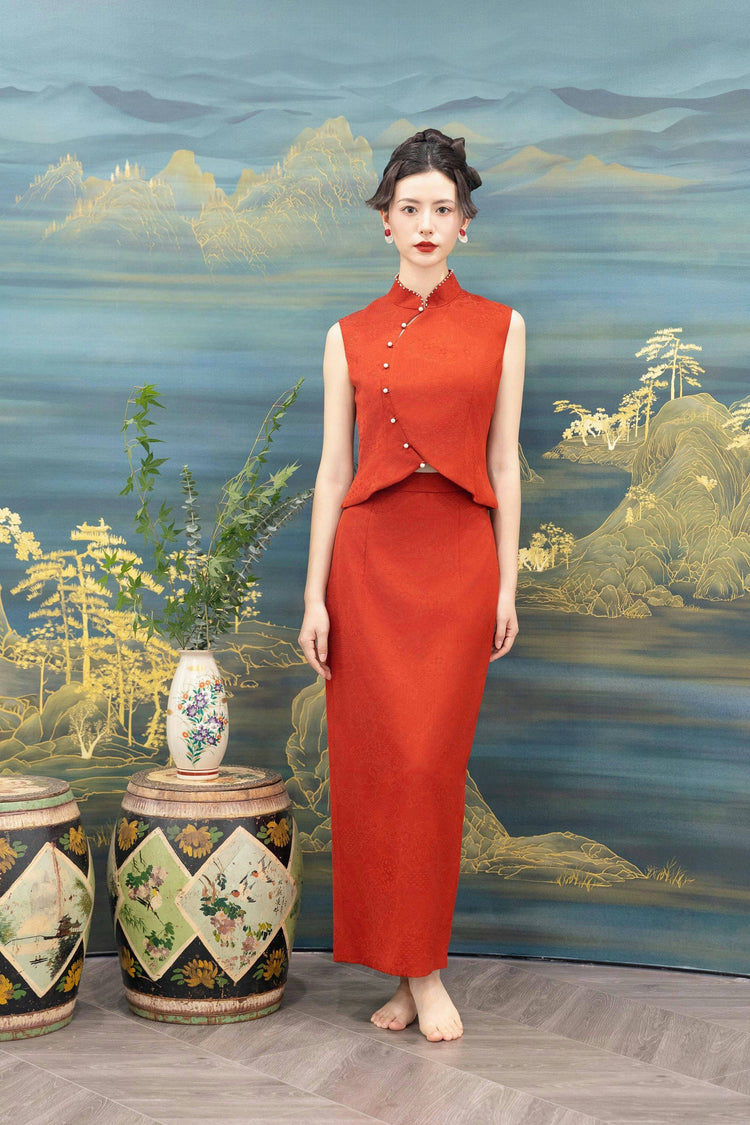 Vermilion Silk Jacquard New Chinese Style Set 朱砂真絲提花新中式套裝