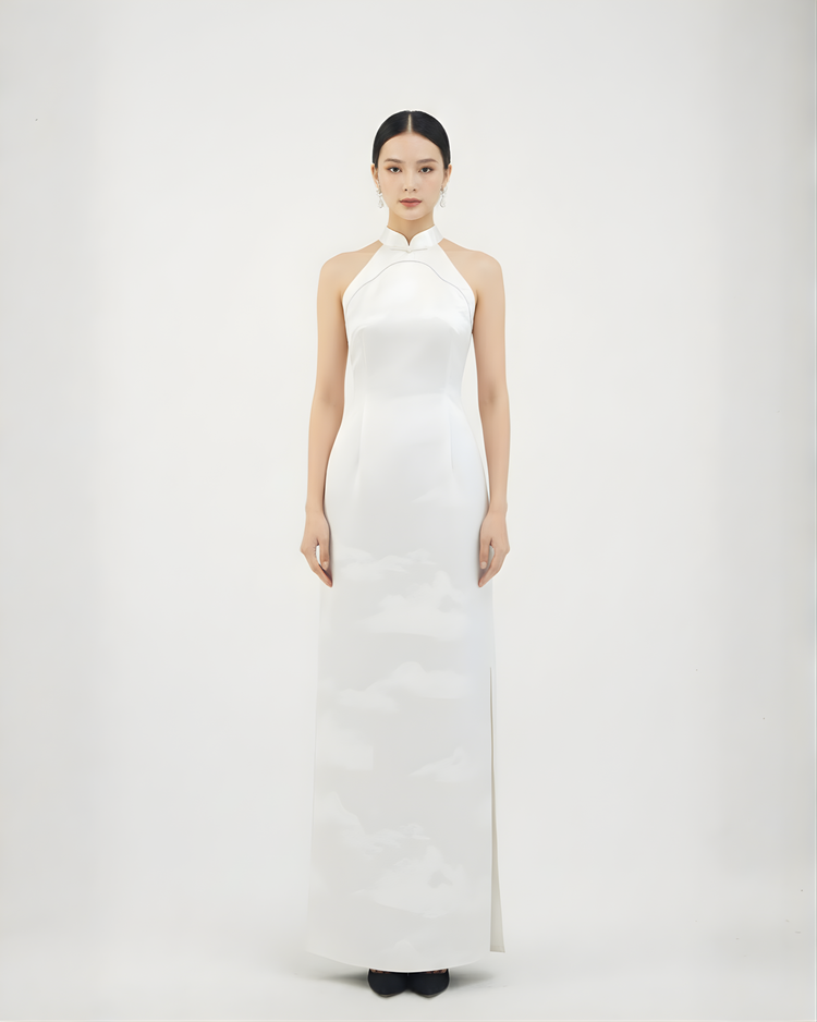 White Jacquard Qipao with Landscape Motif 雪映山影白色提花旗袍