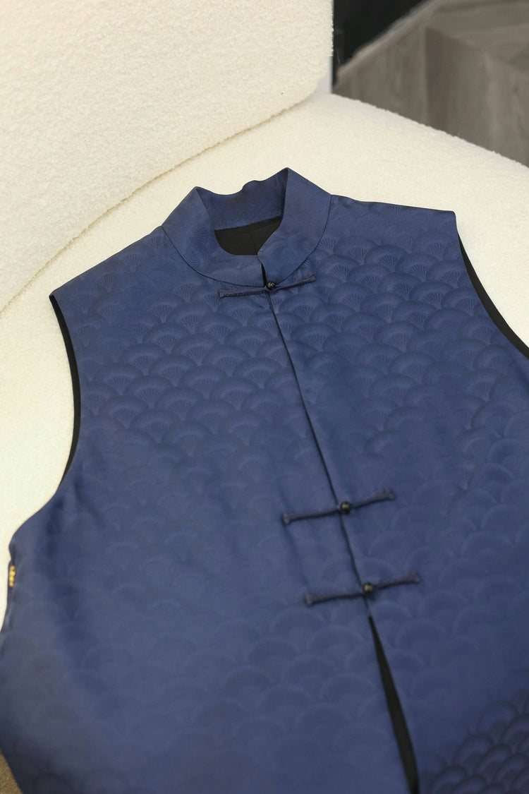 Dark Blue Cloud Fan Brocade Vest 深藍雲扇紋提花馬甲