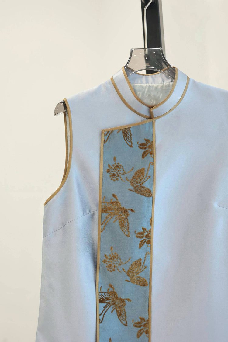 Smoky Blue Golden Butterfly Crepe Vest 煙藍重䋓漳絨馬甲