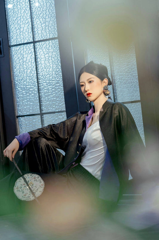 Black-purple reversible silk brocade jacket 黑紫雙面真絲提花外套