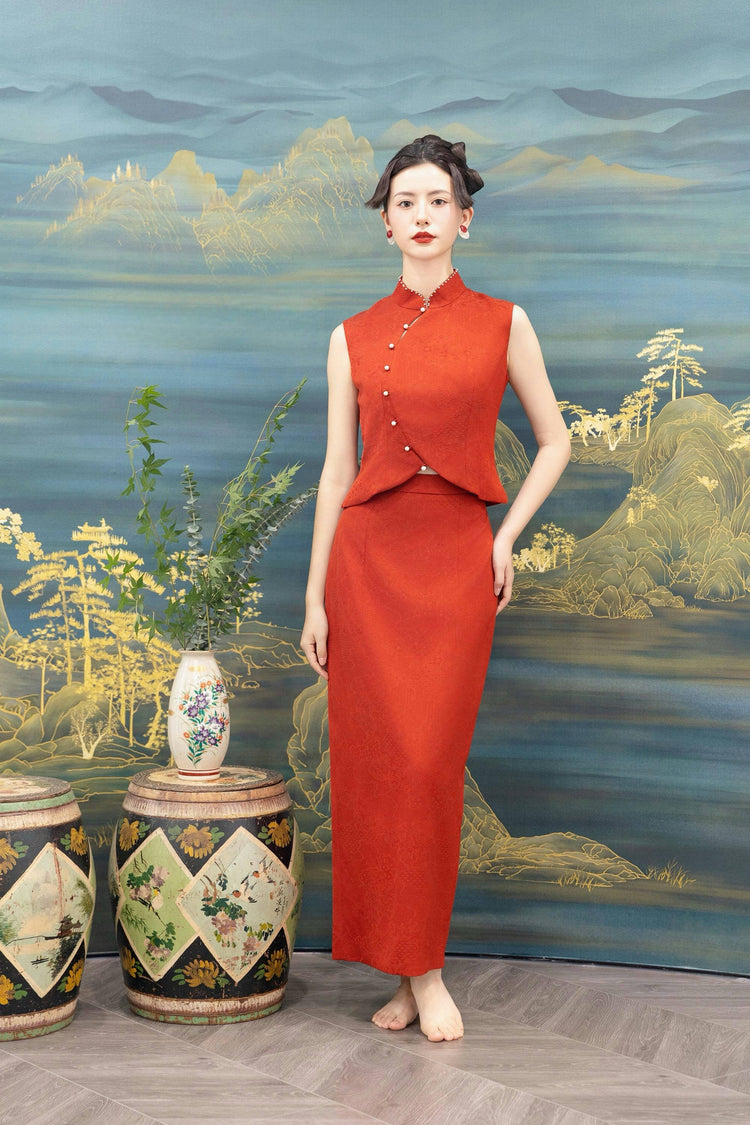 Vermilion Silk Jacquard New Chinese Style Set 朱砂真絲提花新中式套裝