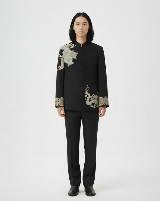 Black Mandarin Jacket with Gold Embroidered Auspicious Dragon 玄黑金繡祥龍中山裝
