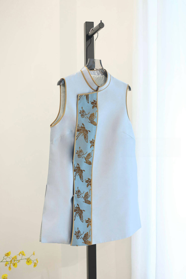 Smoky Blue Golden Butterfly Crepe Vest 煙藍重䋓漳絨馬甲