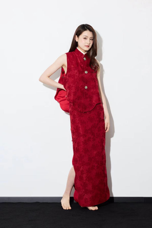 Crimson Silk Jacquard Set 緋霞真絲提花新中式套裝