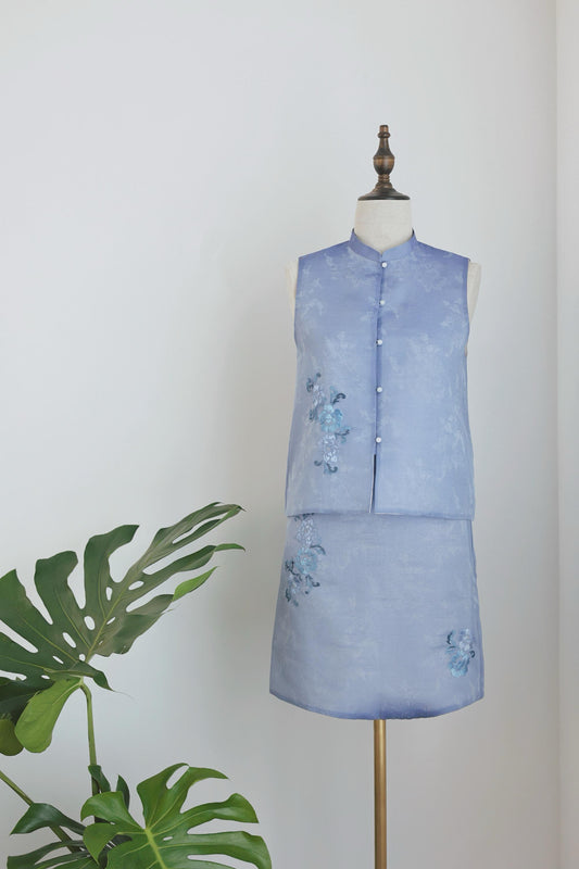 Starry Blue Hand-Embroidered Sheer Sleeveless Set (Exclusive Piece) 星藍手繡紗無袖套裝 (孤品)