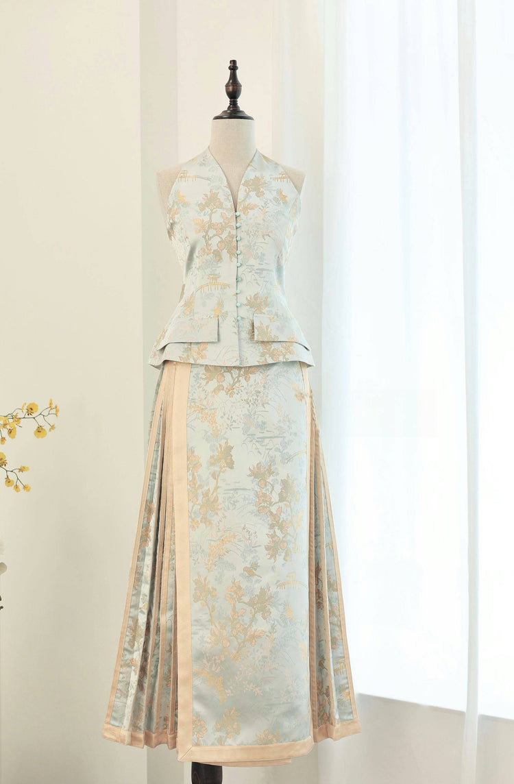 Gold-Blue Silk Jacquard Halter Vest 金藍真絲提花掛脖馬甲