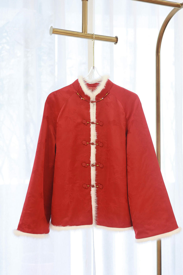 Red Silk Jacquard Mink-Trimmed Quilted Jacket 紅色夾棉真絲提花水貂毛外套