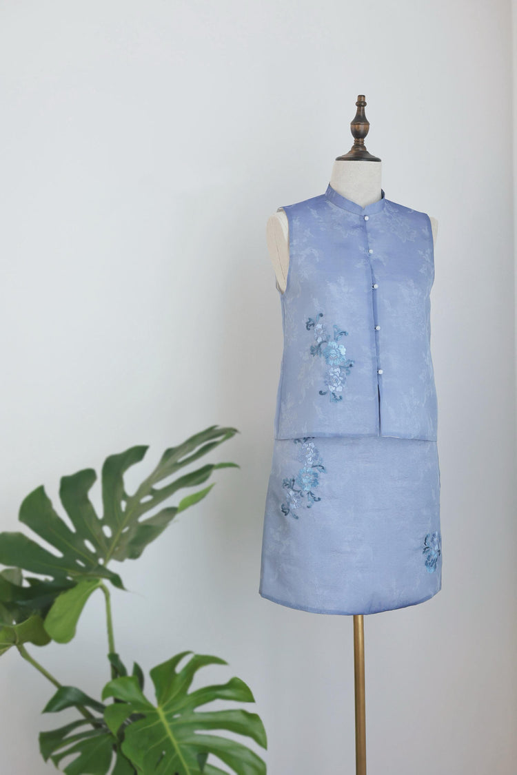 Starry Blue Hand-Embroidered Sheer Sleeveless Set (Exclusive Piece) 星藍手繡紗無袖套裝 (孤品)