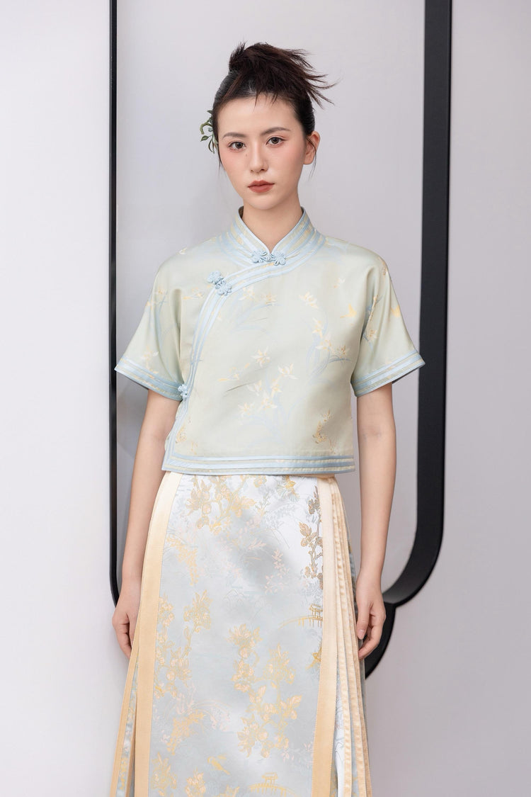 Turquoise Song Brocade Short-Sleeve Full-Opening Shirt 藍綠色宋錦全開襟短袖