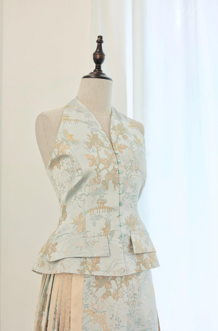 Gold-Blue Silk Jacquard Halter Vest 金藍真絲提花掛脖馬甲