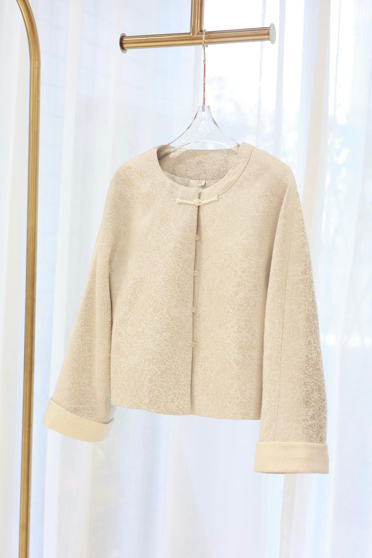 Cream Jacquard Satin Turn-Up Sleeve Jacket 奶白提花緞面翻袖外套