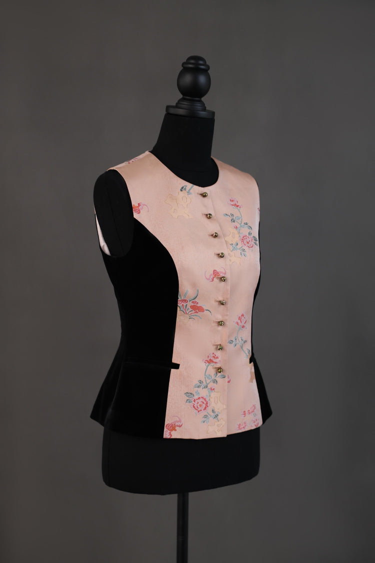 Pink Floral Song Brocade & Velvet Vest 粉黛流芳宋錦絲絨馬甲