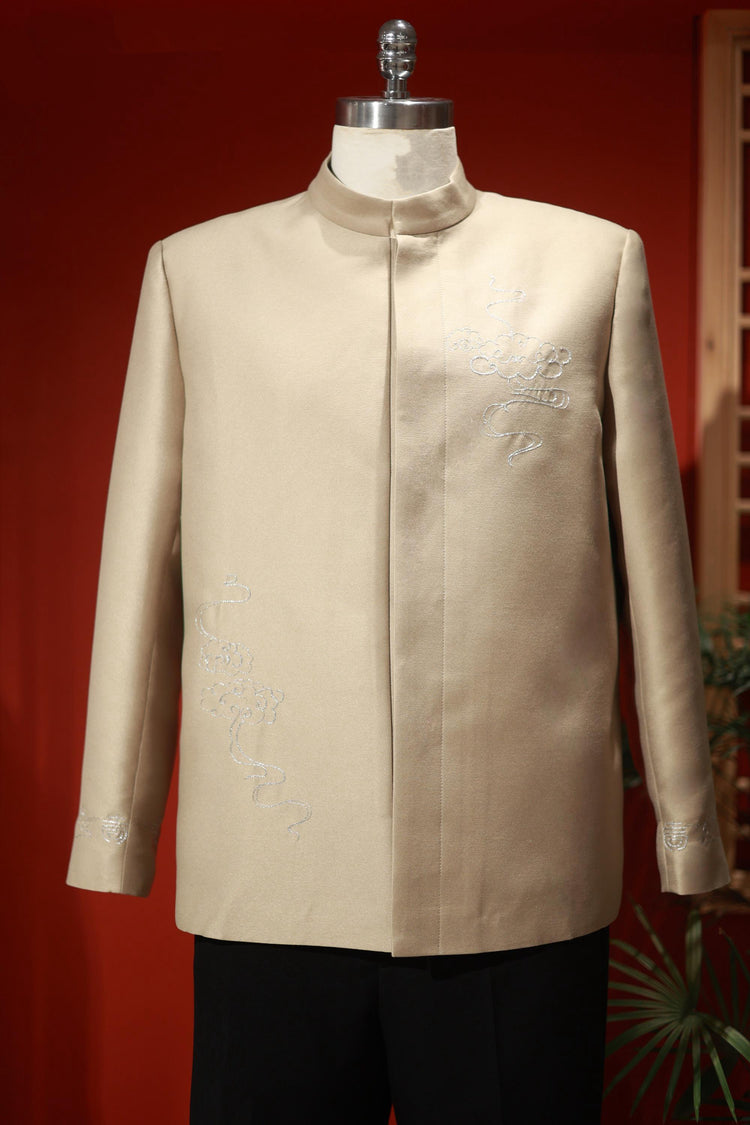 Light Gold Zhongshan Suit with Auspicious Cloud Embroidery 金韻祥雲中山裝