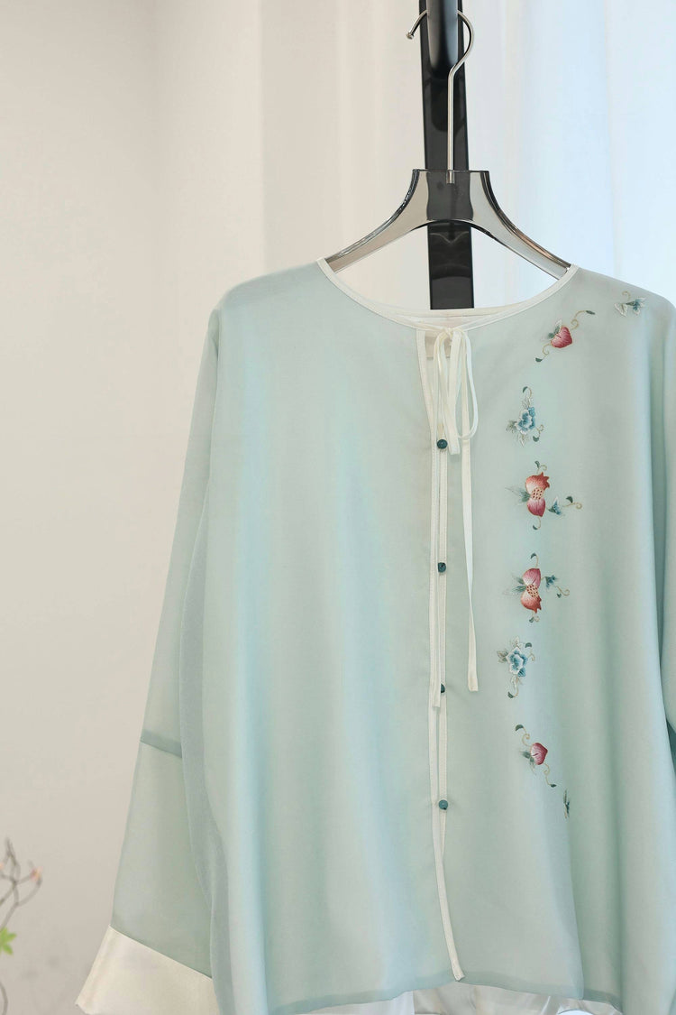 Pale Green Hand-Embroidered Sheer Blouse 淺綠手繡紗薄上衣