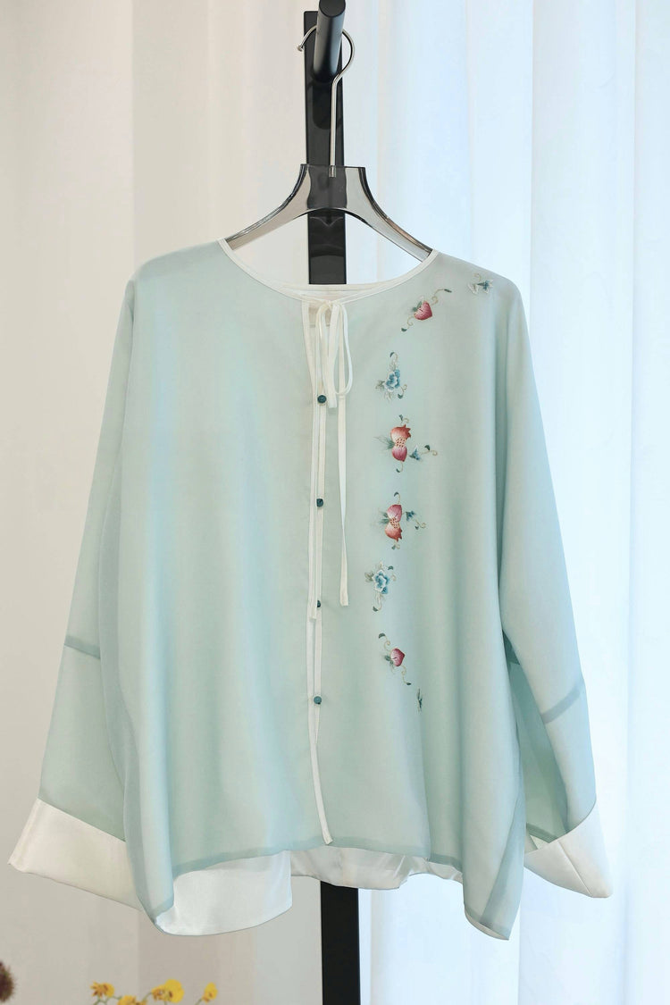 Pale Green Hand-Embroidered Sheer Blouse 淺綠手繡紗薄上衣