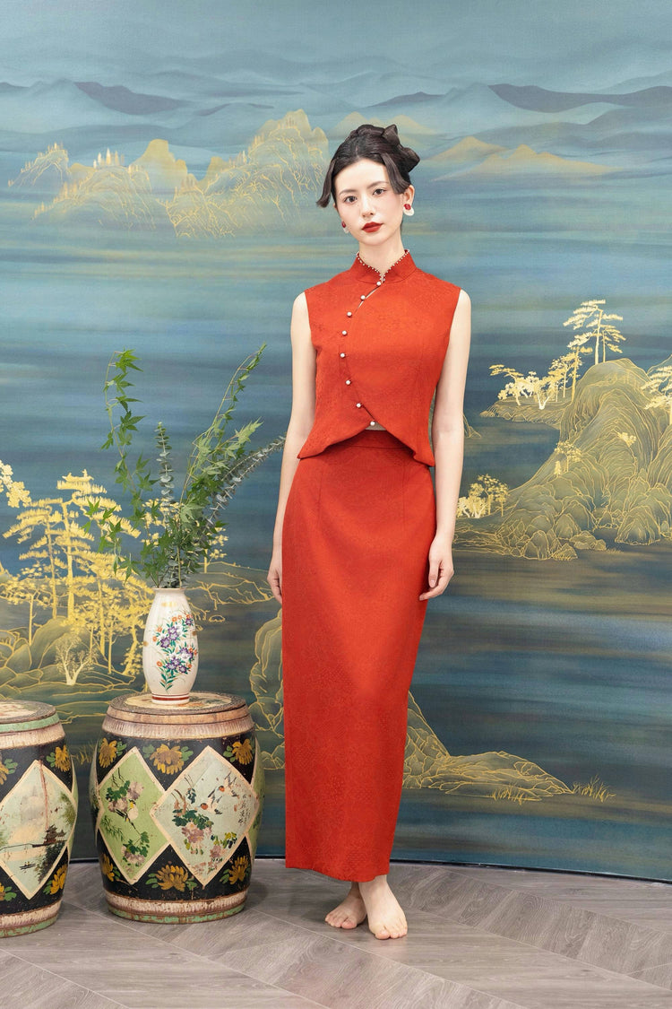 Vermilion Silk Jacquard New Chinese Style Set 朱砂真絲提花新中式套裝